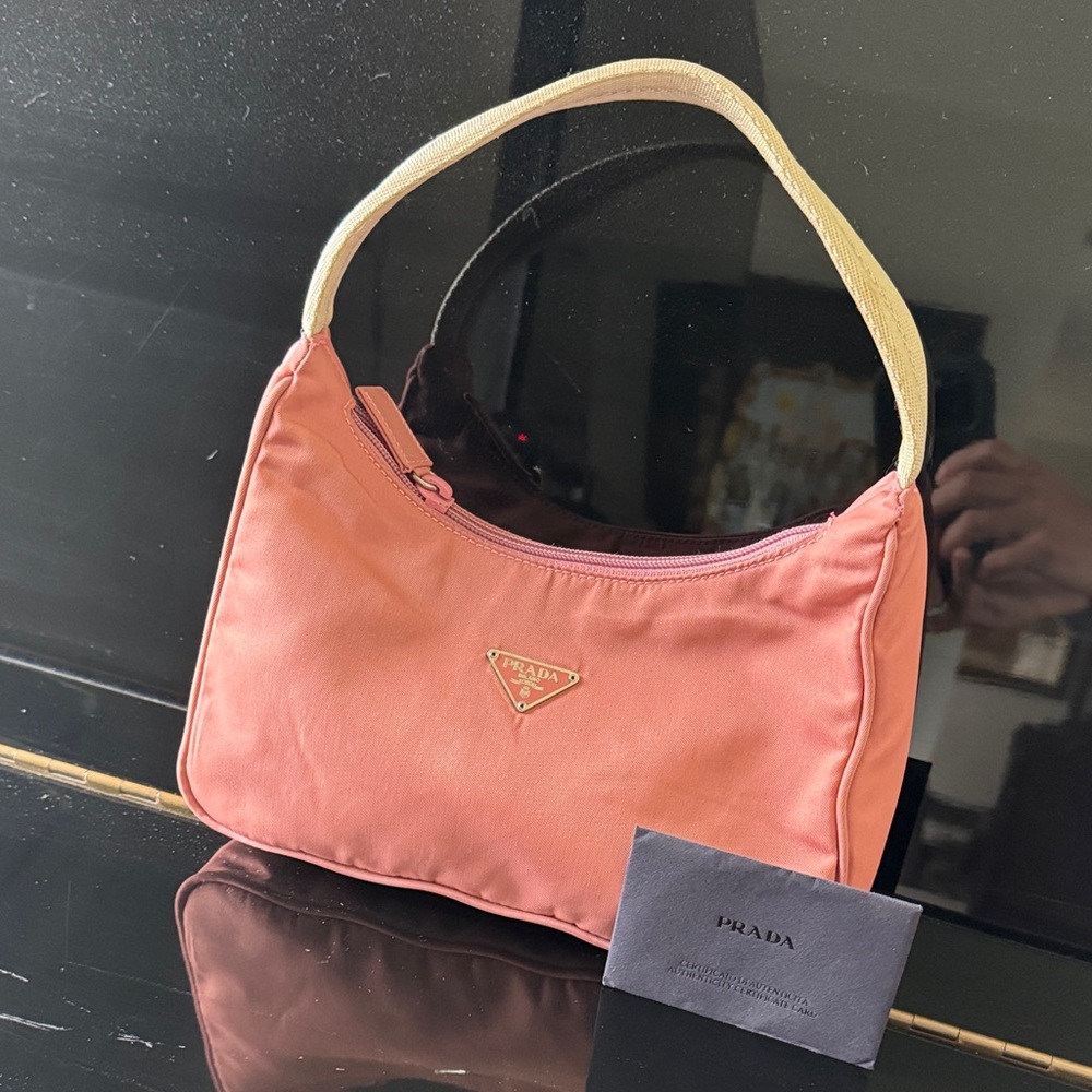 Vintage Prada Coral Pink Nylon Shoulder Bag with beige Strap